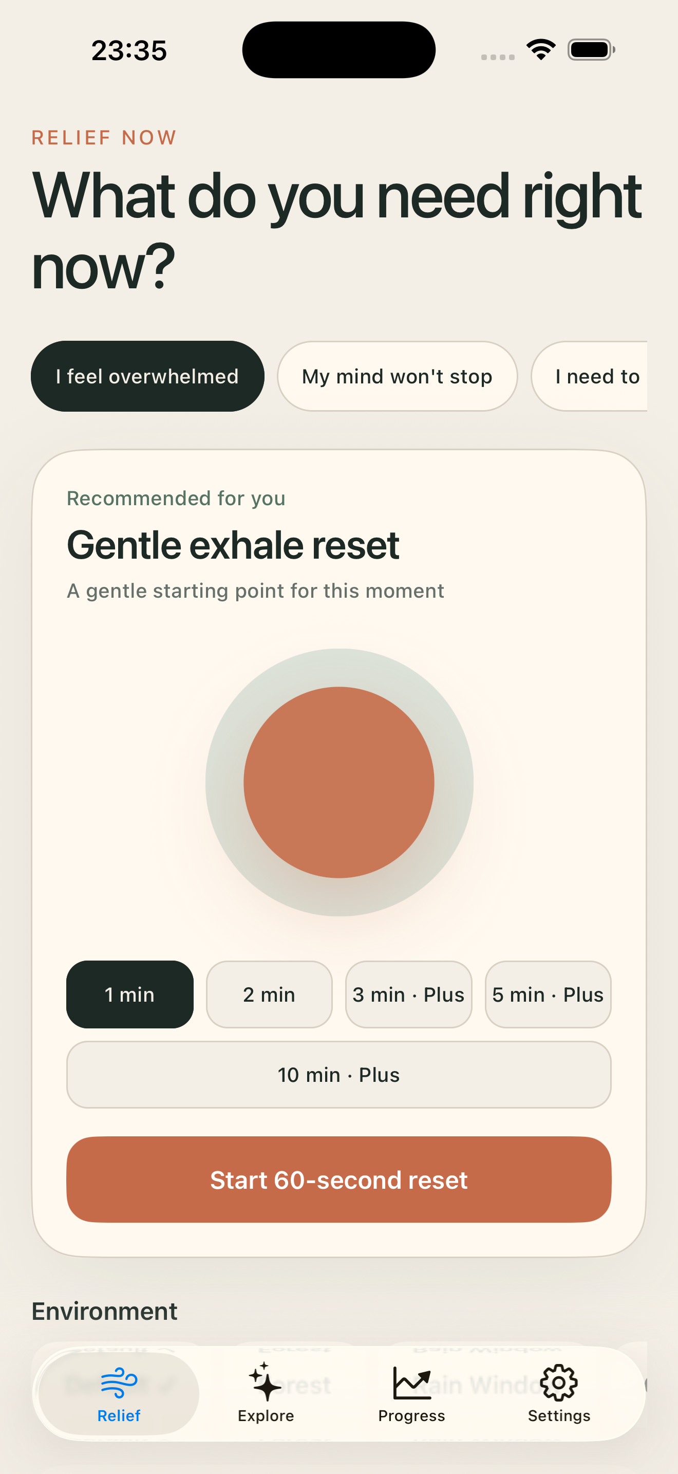 Real Breathe Relief app screen showing the free one-minute Gentle Exhale session